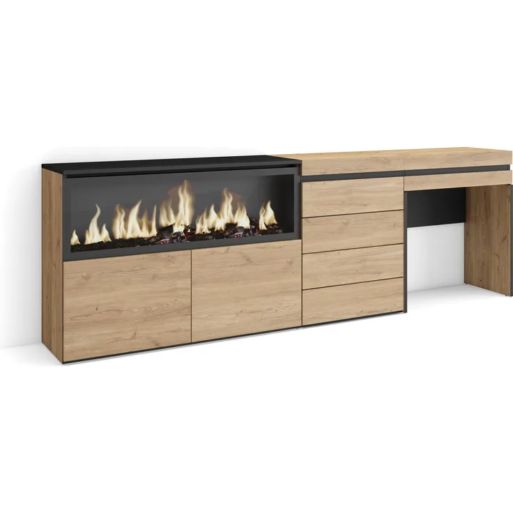 Skraut Home | Schminktisch | Frisiertisch mit Stauraum | 234 x 75 x 35 cm | mit Schublade | Elektrokamin XXL | Kommode mit Schubladen | Moderner Stil | Eiche