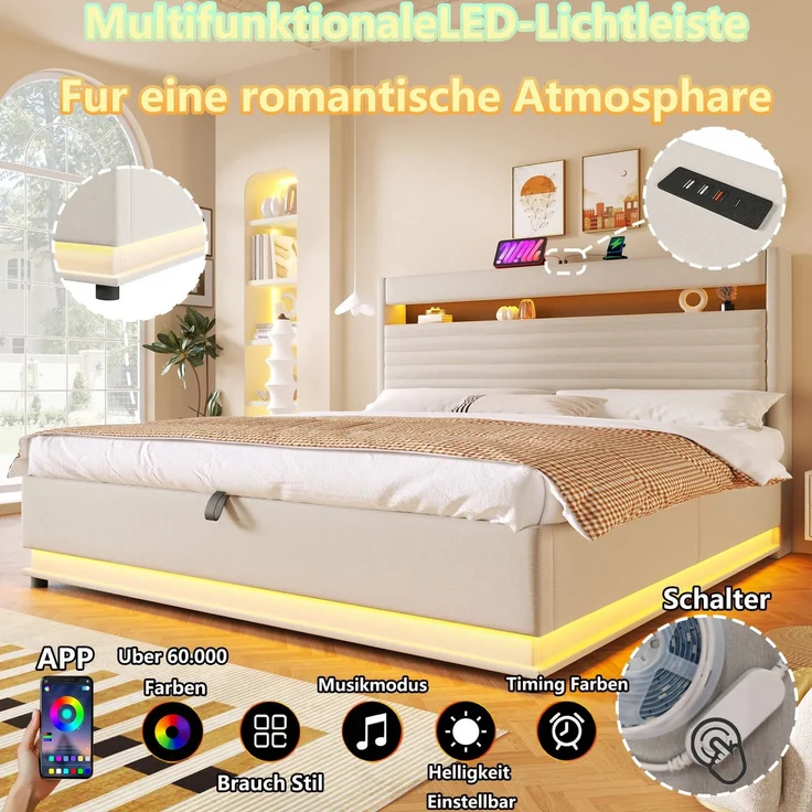 Polsterbett mit LED-Streifen, Stauraum, Schrank, USB und Type-C, 180x200 cm, gepolsterter Kopfteil mit Schrank, Einzelbett, Stauraumbett, Leinen – Bild 3
