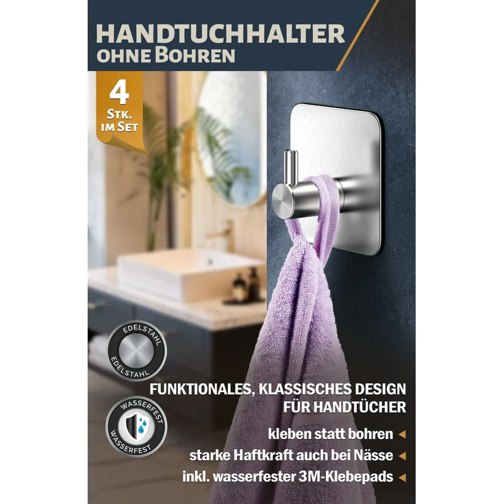 Lindenstein Handtuchhaken 4er-Set Silber – Edelstahl V2A, selbstklebend mit 3M-Pads – Bild 2