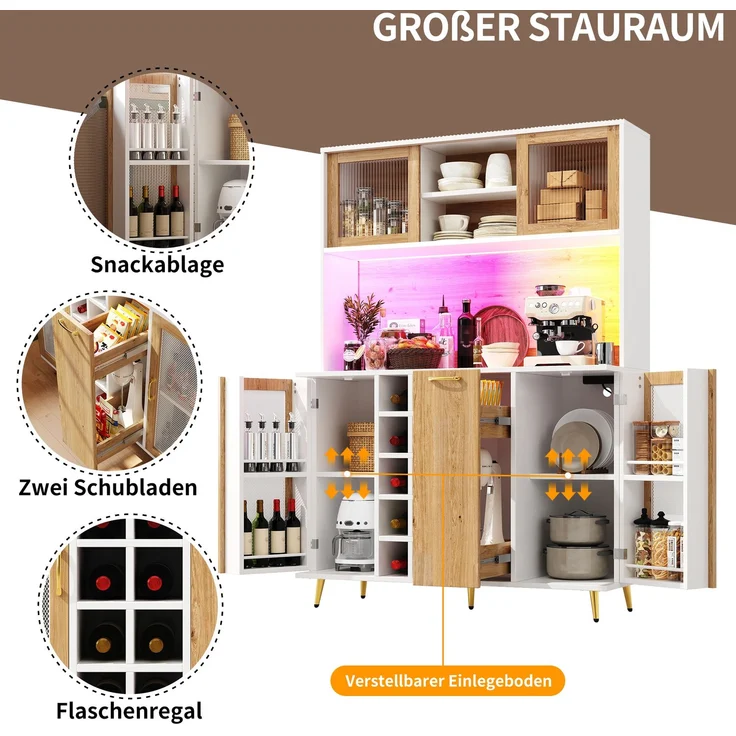 Seitenboard / Aufbewahrungsschrank / Multifunktions-Küchenschrank / Buffetschrank, 120x40x170cm, mit LED-Beleuchtung, Weinregal & Snackregal, 5 Türen, integrierte Steckdose, Weiß mit Holzoptik – Bild 4