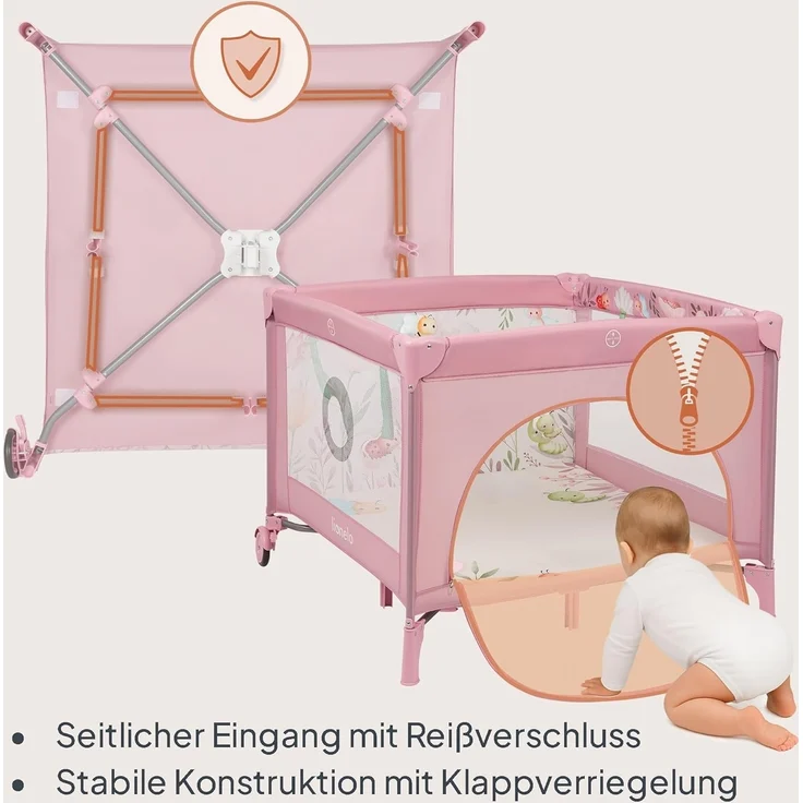 Lionelo Mille Plus 2-in-1 Reisebett und Laufgitter bis 15 kg 0-36 Monate, seitlicher Eingang, 3D-Matratze, 2 Räder mit Bremse für einfaches Zusammenklappen, Tragetasche – Bild 5