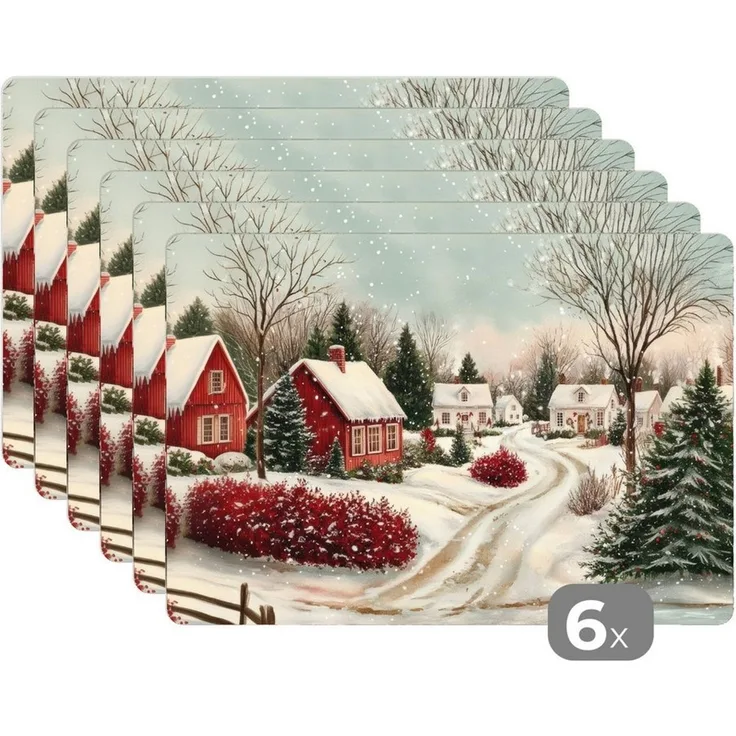 MuchoWow Platzset Weihnachtsstimmung - Ländlich - Rot, (6-St), Platzsets, Tischset, Abwaschbar, Tischsets, Platzdeckchen