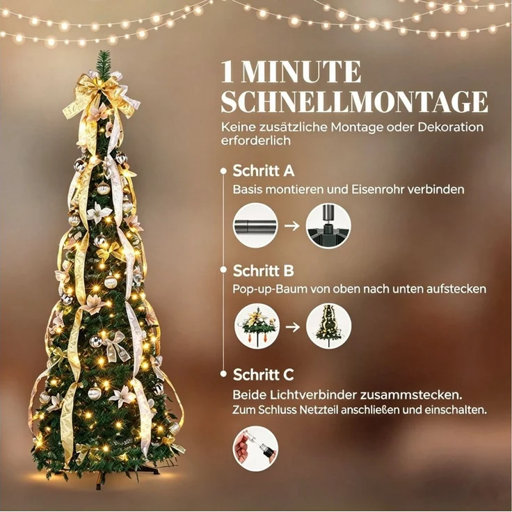 VINGLI Künstlicher Weihnachtsbaum mit Lichtern, Weihnachtsdeko mit Metallständer, für innen & Außen, Pop-Up Tannenbaum 180 cm – 150 Warmweiße LEDs mit 8 Modi – Bild 4