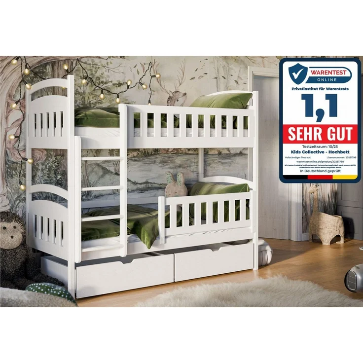 Kids Collective Etagenbett Hochbett Kinderbett 90x200 umbaubar in zwei Einzelbetten (Modell 2025), 90x200 cm mit zwei Schubladen Lattenrost Rausfallschutz Vollholz weiß – Bild 5