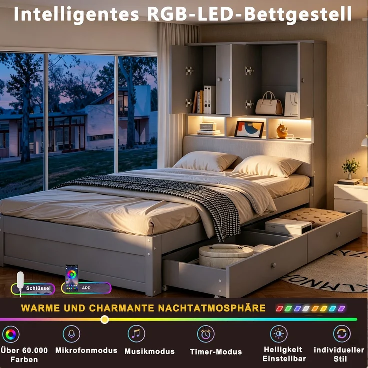 Multifunktionales Holzbett, 90 x 200 cm, mit gepolsterter Rückenlehne, Kopfteil mit Stauraum, Ablagefächern, LED-Beleuchtung und Steckdose, mit Schublade und Lattenrost, Einzelbett, Jugendbett, Grau – Bild 5