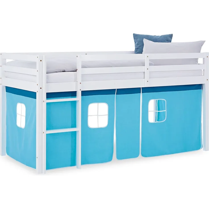 Hochbett Kinder 90x200 cm Kinderbett Kinderhochbett Stockbett Vorhang Blau Leiter Holz Massiv