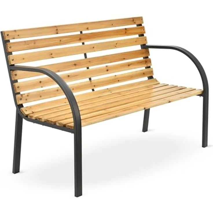 Juskys Gartenbank Modena – 2-Sitzer Holzbank mit Armlehnen & Rückenlehne – wetterfeste Sitzbank 120x62x82 cm - Bank mit Seitenelementen aus Stahl – Bild 1