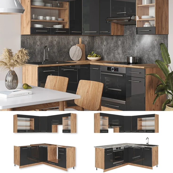 Eckküche Fame-Line Anthrazit Hochglanz/Goldkraft Eiche 190 x 160 cm ohne Arbeitsplatte Vicco – Bild 2