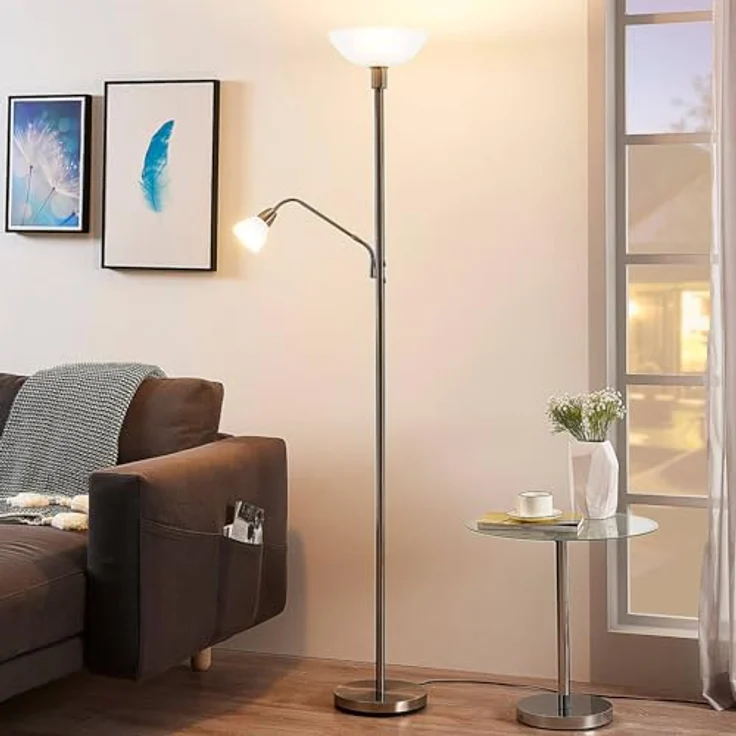 Lindby Stehlampe Jost, LED, Metall, Alu IP20, 1 x 15 W LED E27 + 1 x 8 W LED E14 – Bild 3