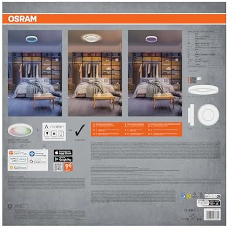 Osram SMART+ Matter Claria LED Deckenleuchte, 32W, 3150lm, RGB+TW 2700-6500K, WiFi, Haupt-/Seitenlicht – Bild 4