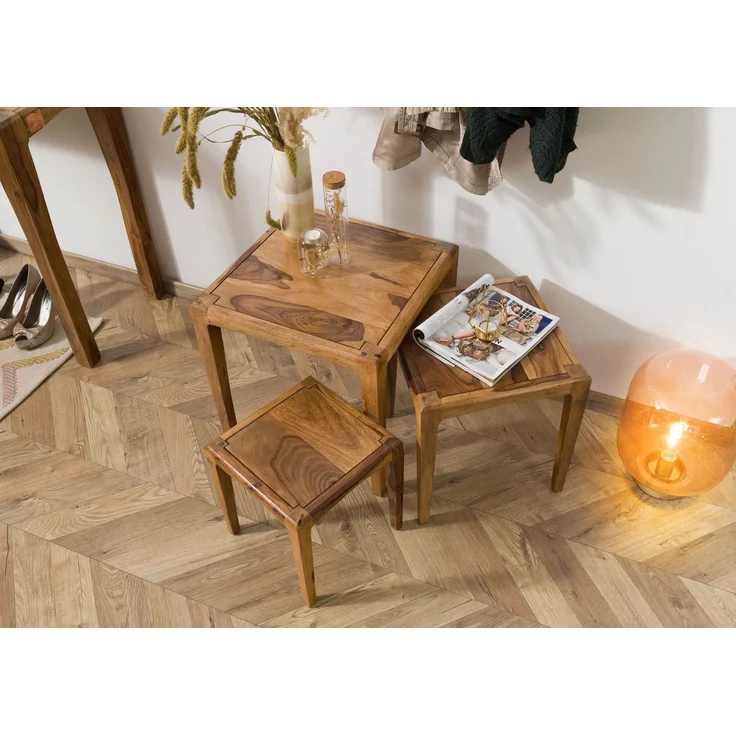 Beistelltisch 3er-Set Sheesham 50x50 / 40x40 / 31,5 x34 braun lackiert ANCONA #112 – Bild 2