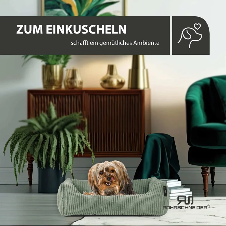 ROHRSCHNEIDER Hundebett - Cord, Hundekorb, Tierbett, Wendekissen, Bezug waschbar, rutschfest Salbeigrün 15x55x42cm – Bild 7