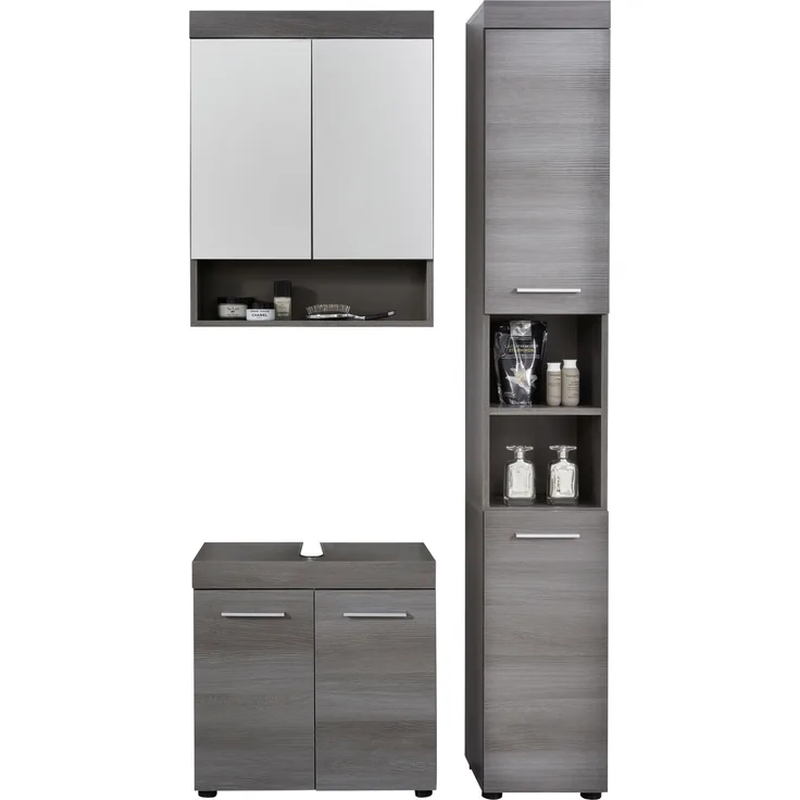 Badset 3-tlg. 'Runner' mit Hochschrank, Unterschrank & Spiegelschrank, Sardegna Rauchsilber, ohne Waschbecken