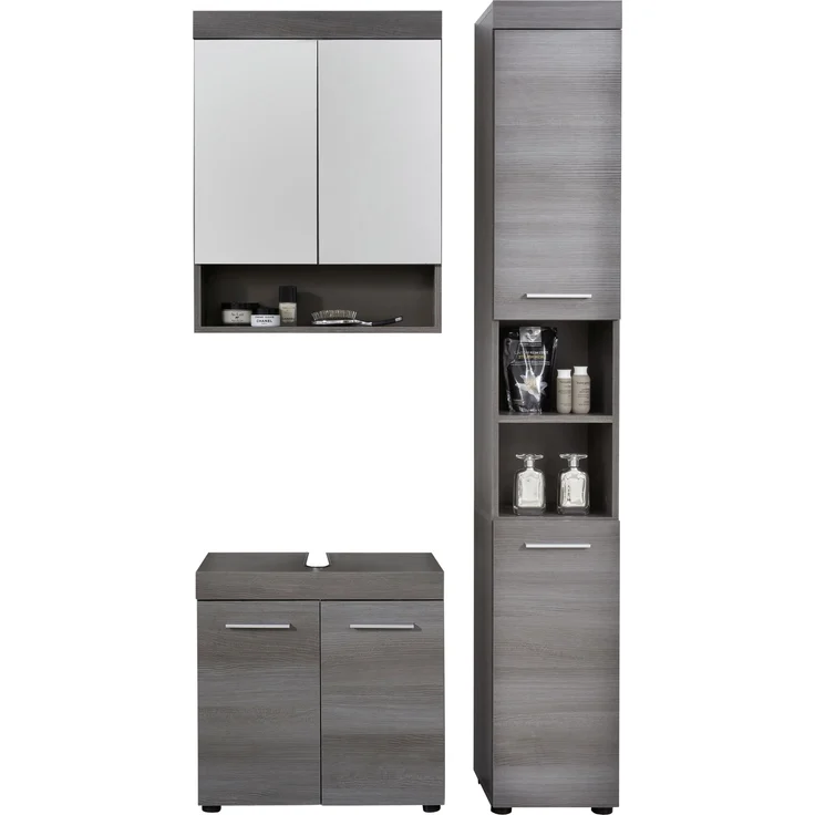 Badset 3-tlg. 'Runner' mit Hochschrank, Unterschrank & Spiegelschrank, Sardegna Rauchsilber, ohne Waschbecken – Bild 1