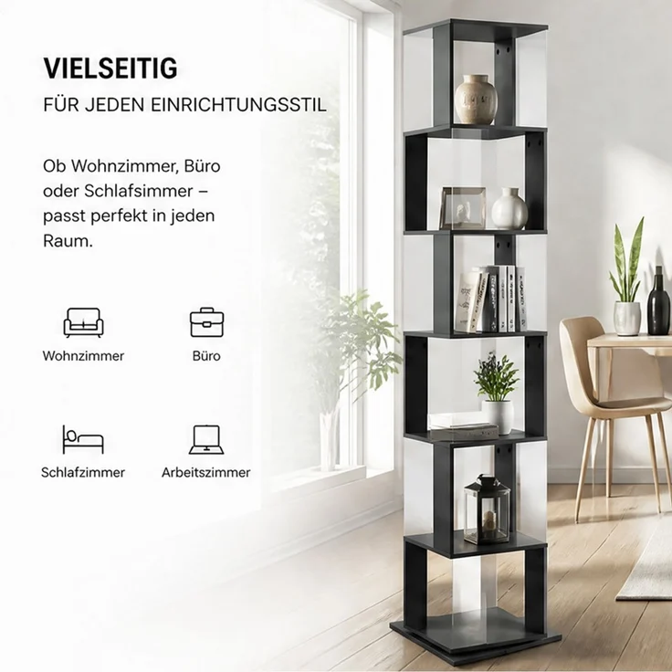Home Nature Wohnkonzept Bücherregal/Eckregal mit 6 Ebenen, Für Wohnzimmer, Schlafzimmer und Home Office im Industrial Design, Schwarz, 189,5 × 50 × 50 cm – Bild 5