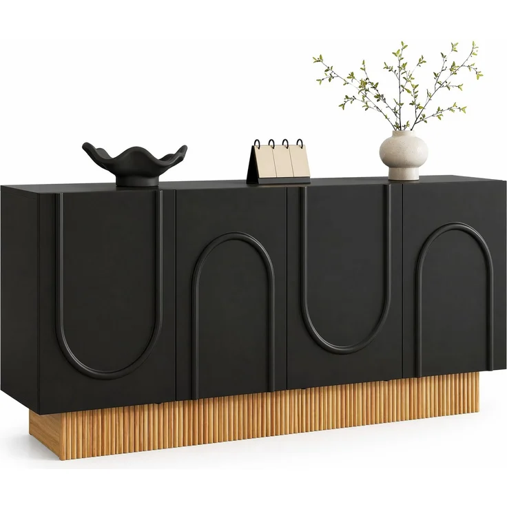 DESVIAE Sideboard mit 4 Türen und U-Relief 160x75x38 cm Spanplatte Schwarz-Holzoptik – Bild 7
