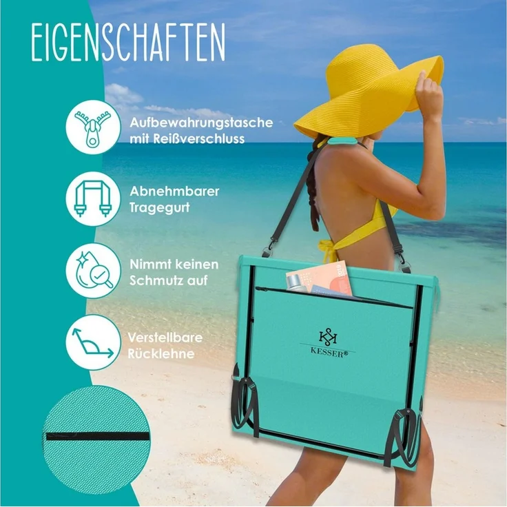 KESSER® Strandmatte klappbar mit verstellbarer Rückenlehne, Strandliege faltbar mit Tragegurt, wasserdichter Handyhülle & Aufbewahrungstasche, Sonnenliege für Strand Garten Terrasse, Liegematte 130Kg Blau, 2er Set / 50W – Bild 4