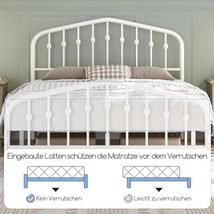 Yaheetech Bettrahmen 140 x 200 cm, Vintage Metallbett mit kronenförmigem Kopfteil, Stabiles Bettgestell Doppelbett aus Metall, Robust & Leichte Montage Gästebett Jugendbett Tagesbett, Weiß – Bild 9
