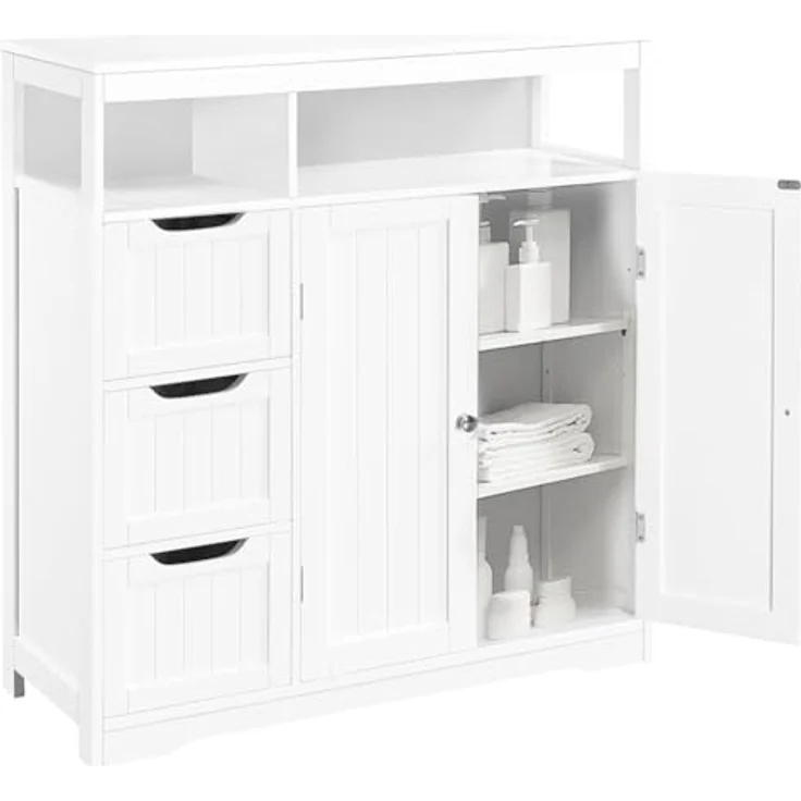 Shally Dogan Badezimmerschrank aus weißem Holz mit 3 Schubladen, 2 Türen und 2 Regalen, platzsparend, Mehrzweck-Bodenschrank, freistehender Schrank für Wohnzimmer, Küche, Büro, Schrank 80,5 x 30 x – Bild 2