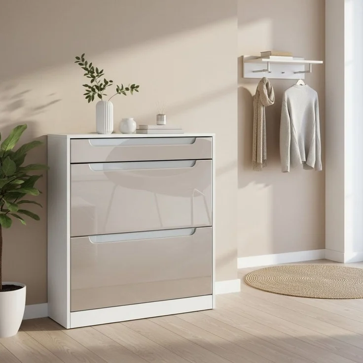 InnoFurn Schuhschrank Venezia Schuhkipper (schmaler Flurschrank, Weiß matt (89 x 95,5 x 23 cm) Platzsparender Schuhkipper Flurschrank für Diele Flur Garderobe – Bild 2