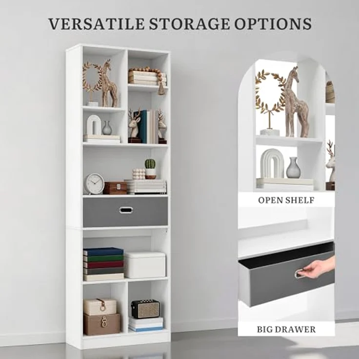 YITAHOME Hohes Bücherregal, freistehendes Regal mit 7 offenen Fächern und 1 Stoffschublade für Wohnzimmer, Schlafzimmer, Büro, Weiß, 60 B × 24 T × 170 H cm – Bild 6