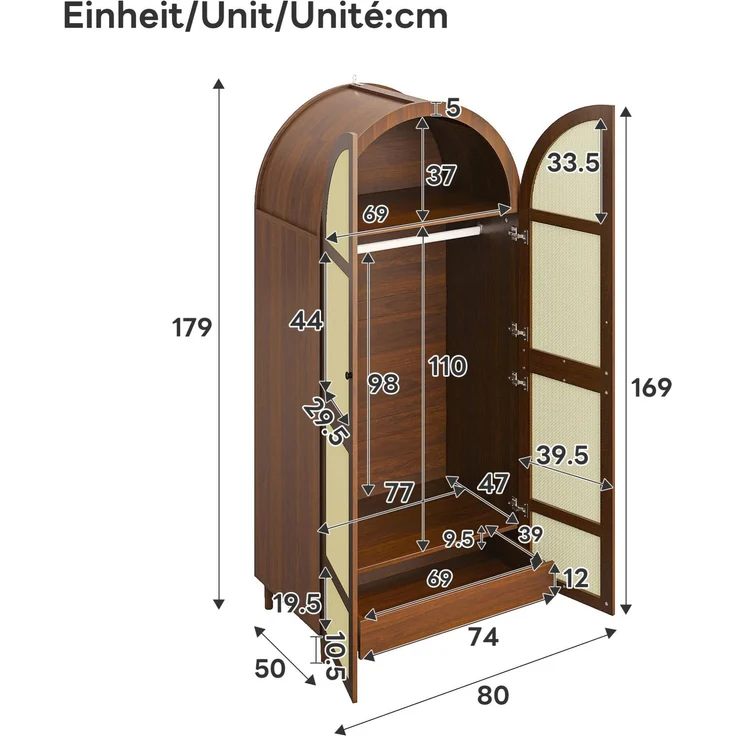 DESVIAE Garderobenschrank Walnuss aus MDF/Spanplatte – 80x179x50 cm – Rattantüren, Schubladen – Bild 10