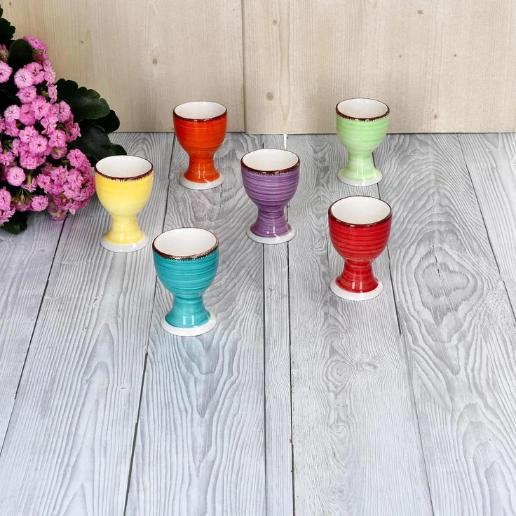 Uni bunt 6er Set Eierbecher blaue Eierhalter Eierständer Steingut Strudeldekor – Bild 3