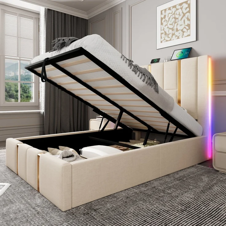 Polsterbett aus Leinen mit LED & USB-Anschluss, Stauraum, 90x200 cm, Beige, ohne Matratze – Bild 3