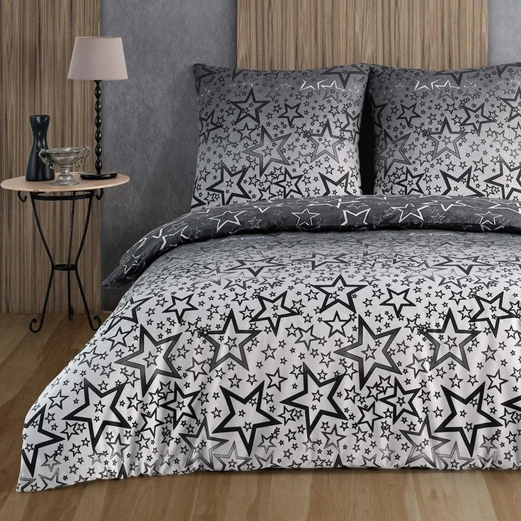 Buymax Bettwäsche Bettbezug-Set, Renforce: 100% Baumwolle, 3 teilig, 200x200 cm, mit Reißverschluss, Sterne Muster, Weiß Grau – Bild 2
