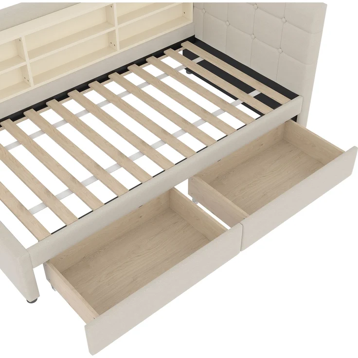 Daybett Leinen mit 2 Schubladen, USB-Anschluss & Ablagen, 90x200 cm, Beige, ohne Matratze – Bild 10