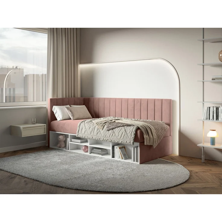 Selsey 'Ventrio' Jugendbett linksseitig mit Regalen, Easy-Clean-Samtbezug, hellrosa, 90x200 cm – Bild 2
