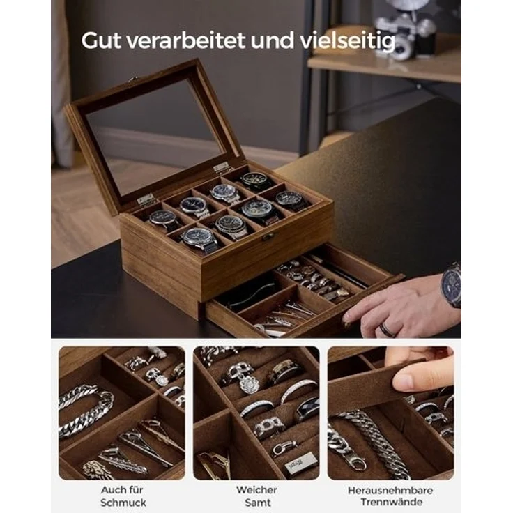 SONGMICS Uhrenbox mit 8 Fächern, Uhrenkasten aus Massivholz, mit Glasdeckel, Uhrenkissen, Schmuckaufbewahrung, Geschenk für Ihre Liebsten, walnussfarben JOW008K01 – Bild 4