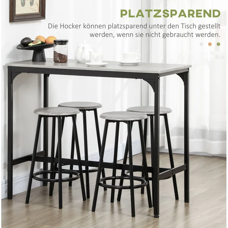 Bartisch-Set 110 x 50 x 89,5 cm mit 4 Barhockern – platzsparend in Grau und Schwarz – Bild 7