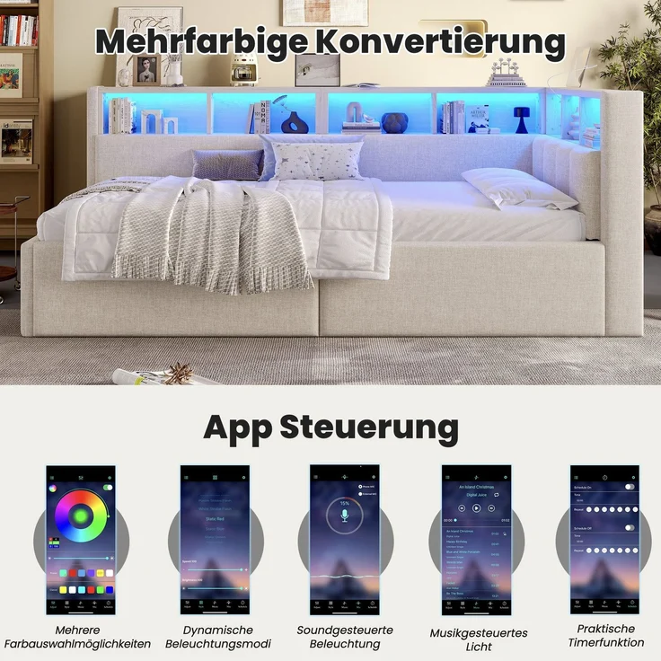 Stauraumbett mit LED-Beleuchtung, Lattenrost, Stauraum, Regal, USB und Type-C Anschlüssen, 90x200cm, Polsterbett, Einzelbett, Schlafsofa, Leinen – Bild 5