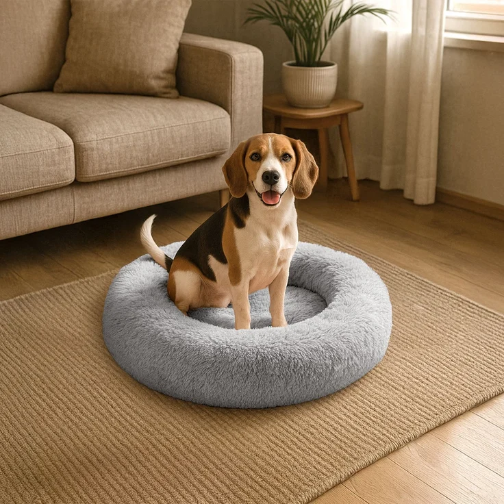 belviona Donut-Hundebett, kuscheliges Plüschbett mit weicher Füllung, sicherem Halt & ergonomischem Rand, 80 cm Durchmesser, hellgrau – Bild 1
