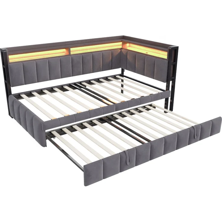 Ausziehbett mit Liegefläche 90×200 cm und Auszug 90×190 cm, LED, Dunkelgrau, ohne Matratze – Bild 8