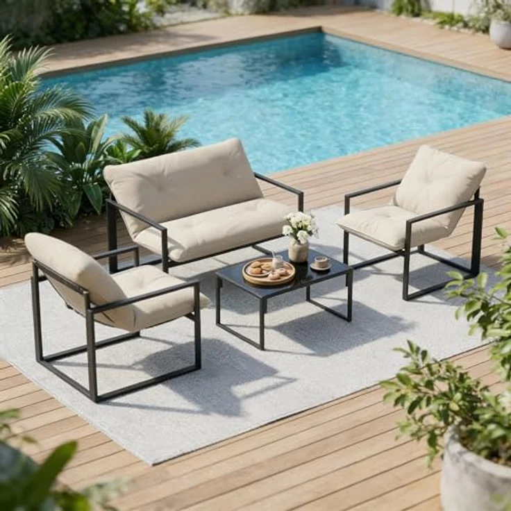 Outsunny Gartenmöbel Set 4 Personen Stahl wetterfest Balkonmöbel-Set mit 2er Sofa, Sessel Glastisch Sitzkissen Outdoor Sitzgruppe Terrassenmöbel Gartengarnitur für Garten Terrasse Balkon Grau+Beige – Bild 9