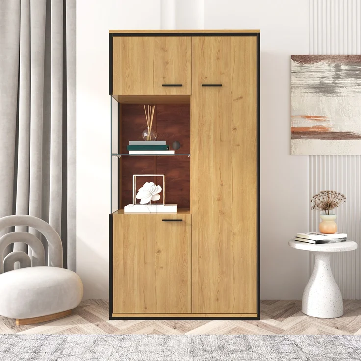 Moderne Vitrine mit LED-Beleuchtung - 150Hcm - Glastür, Mehrzweckregale, 15 Farboptionen, Großer Stauraum, Glasboden, Schaukasten, Präsentationsmöbel, Schrank mit Beleuchtung,Möbel mit Glastür--Natürlich--77.5x40x150cm--YOUDENOVA – Bild 4