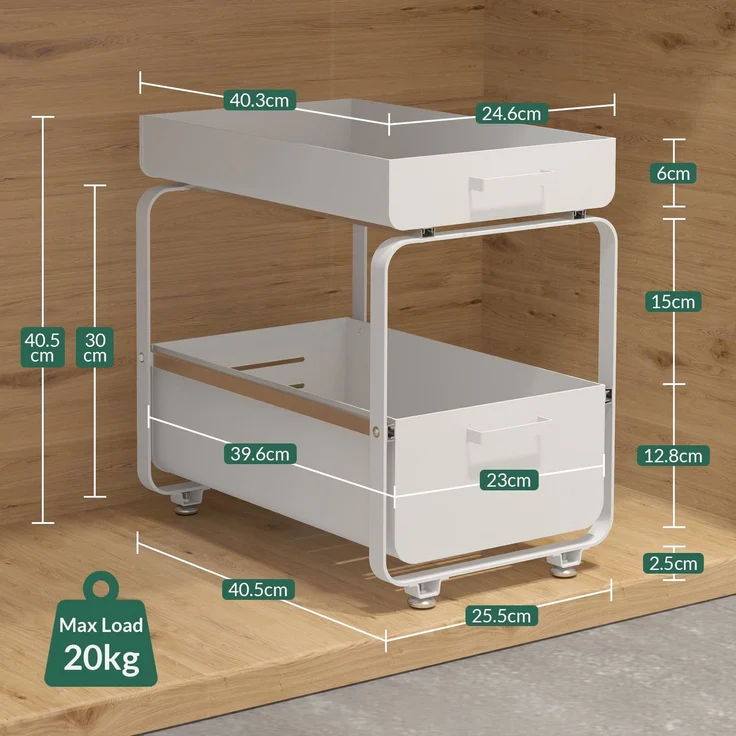 Todeco 2 Ebenen Unter Waschbecken Regal, Herausziehbarer Spülschrankregal, Aufbewahrung von Schubladen, für Badezimmer Küchen, Kohlenstoffstahl (Weiß) – Bild 4
