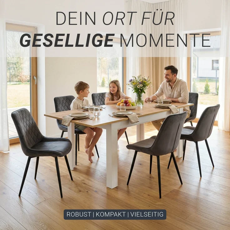 Esstisch ausziehbar 135x86 cm Wohnzimmertisch Weiß Holz Eiche Küchentisch Esszimmertisch Holztisch Tisch – Bild 6