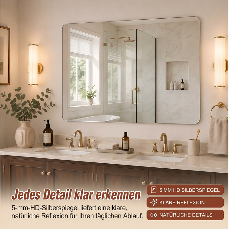 Badezimmerspiegel 50x70 cm, rahmenlos mit abgerundeten Ecken, horizontal oder vertikal montierbar – Bild 8