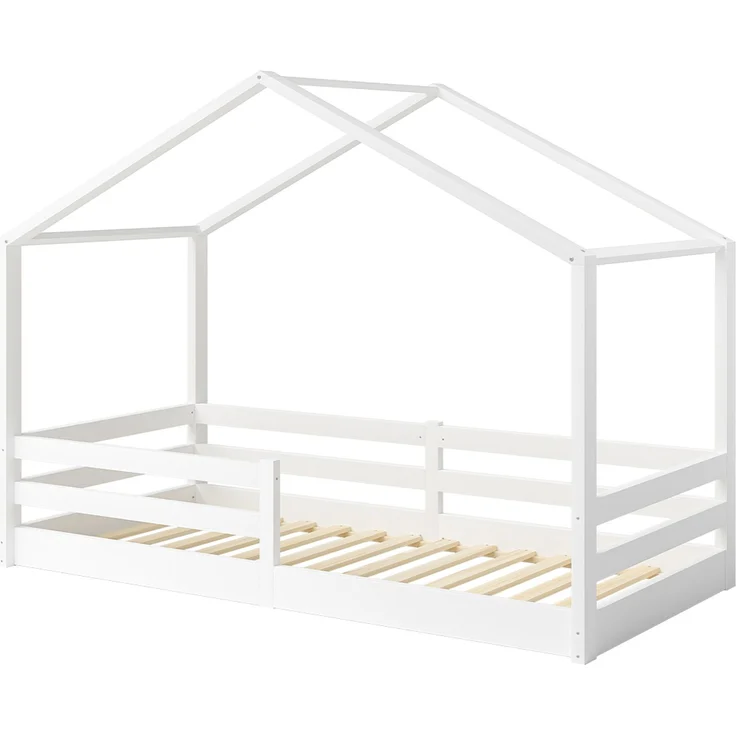 Bellabino 'Abia' Hausbett 90x200 cm mit Matratze, weiß, Kiefer Massivholz, Bodenbett in Hausoptik, Montessori Kinderbett mit Rausfallschutz und Lattenrost – Bild 12