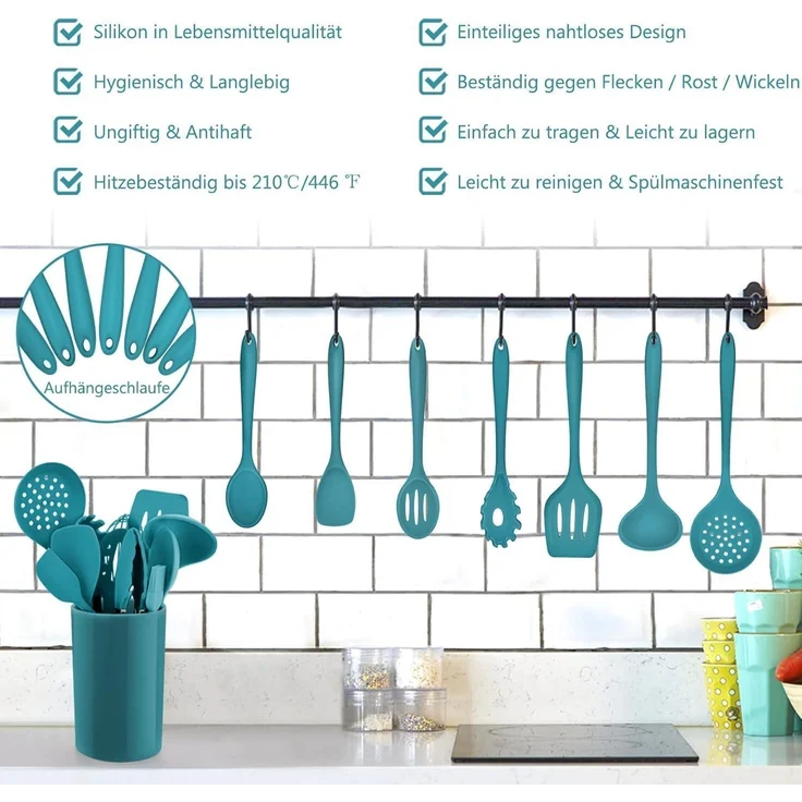 Küchenhelfer Set 12-teilig Silikon Kochutensilien Hitzebeständig Blau – Bild 3