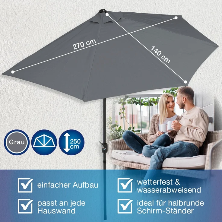 EASYmaxx Sonnenschirm halbrund 270x140 cm, passgenau platzieren, mit praktischer Handkurbel, UV-Schutz 40+ – Bild 3