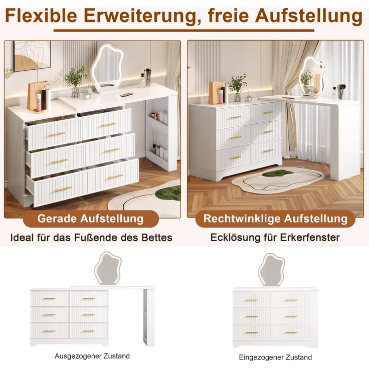 Schminktisch 110x40x129 cm, drehbar, mit LED-Spiegel und 6 Schubladen – Weiß und Goldfarben – Bild 9