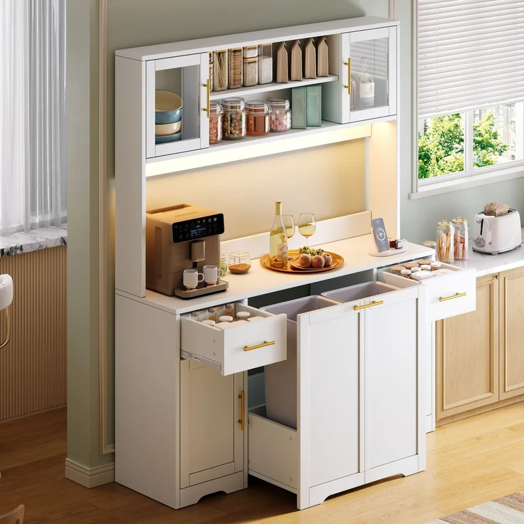 Küchenschrank, hoher Stauraumschrank mit Arbeitsplatte und Schubladen, Doppel-Mülleimerschrank mit ausziehbaren Abfalleimern, Vitrine für Wohnzimmer und Esszimmer, 173 × 140× 40 cm, Weiß--Weiß--140x40x173cm--YOUDENOVA – Bild 7