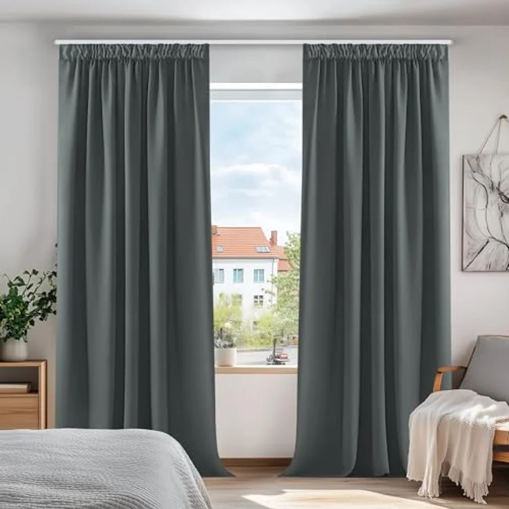 Deconovo Blickdichte Gardine mit Kräuselband Dicke Verdunkelungsgardinen Küche Fenster, 260x140cm(HöhexBreite), Dunkelgrau, 2er Set – Bild 1