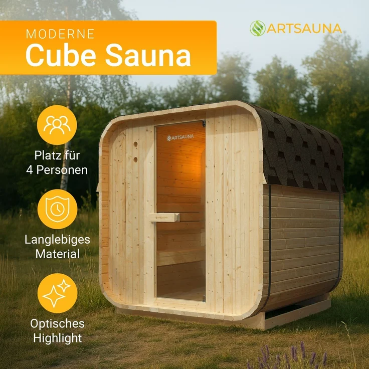 Artsauna Fasssauna Nolvik L, Outdoor-Sauna aus Fichtenholz, 6 kW Ofen, LED, Komplettset mit Sanduhr, Eimer & Thermometer, winterfest, Cube Design – Bild 2