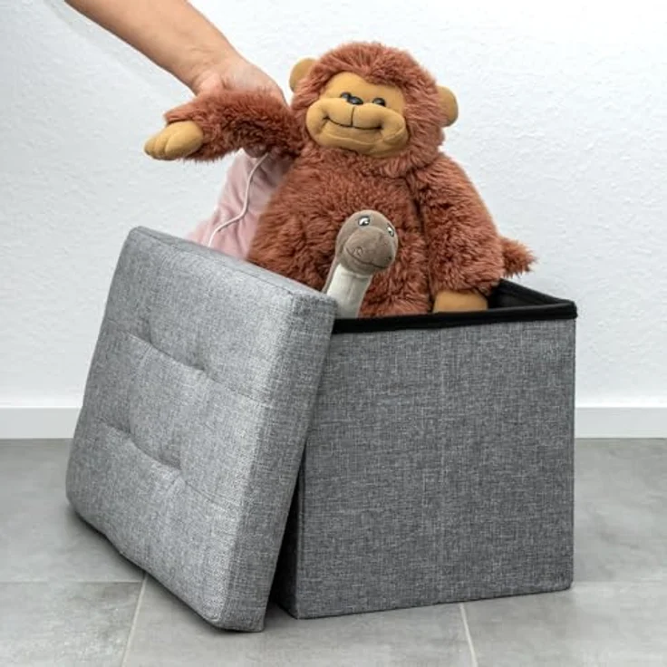 Intirilife Sitzhocker (Sitzwürfel mit Stauraum 49x30x30 cm in FELS GRAU - Fußablage, 1 St), Faltbare Sitzbank - aus Stoff mit Mulden - Aufbewahrungsbox Truhe – Bild 6