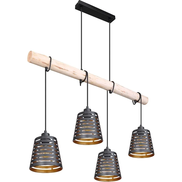 Hängeleuchte, Holz braun, schwarz-gold, H 120 cm